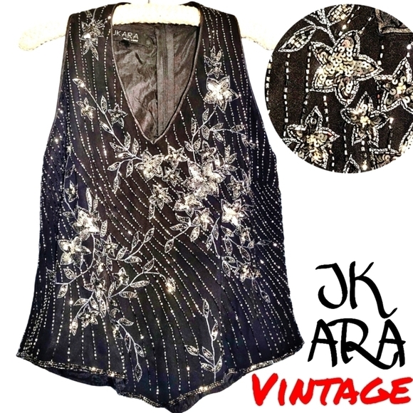 Vintage 1980's Jk Ara sequin beaded floral pattern sleeveless top - Picture 1 of 8